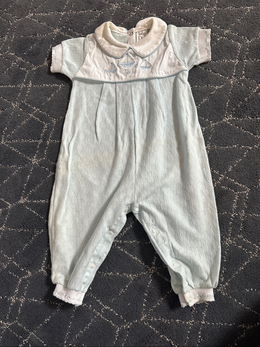 Vintage Baby Dior Light Blue Baby Romper with Sailboat Embroidery 9-12 months